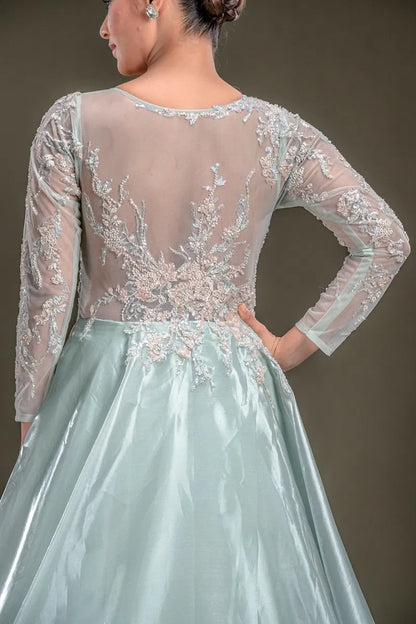 Mint Green Sequins Embroidered Tissue Evening Gown with Round Neck-JE2339