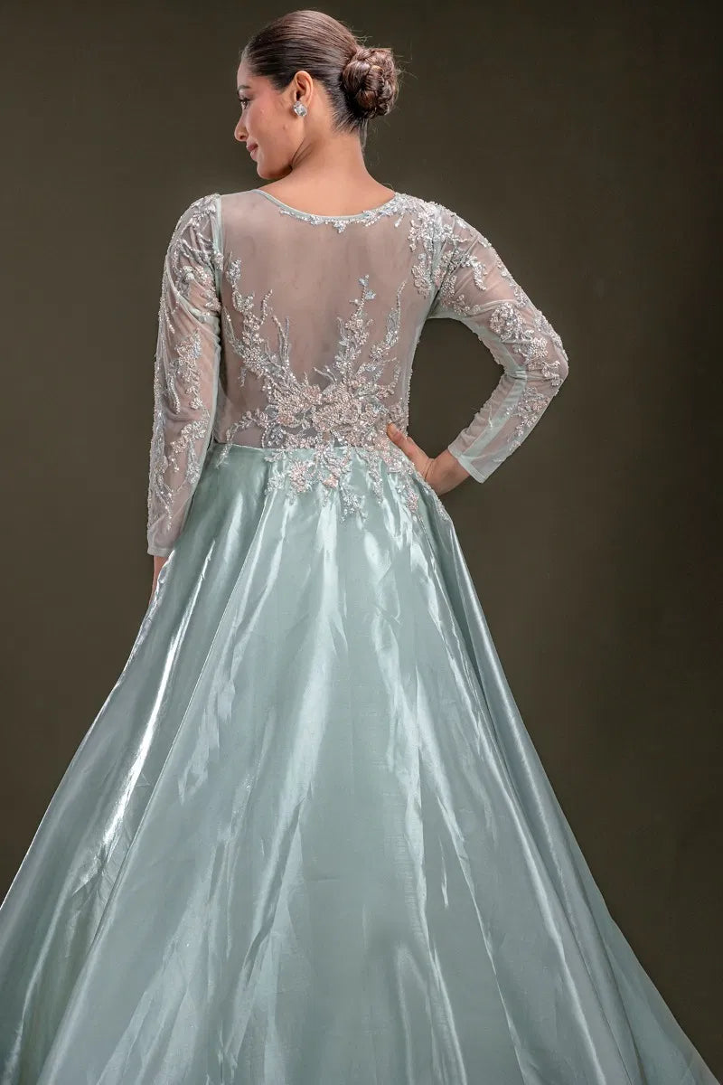 Mint Green Sequins Embroidered Tissue Evening Gown with Round Neck-JE2339