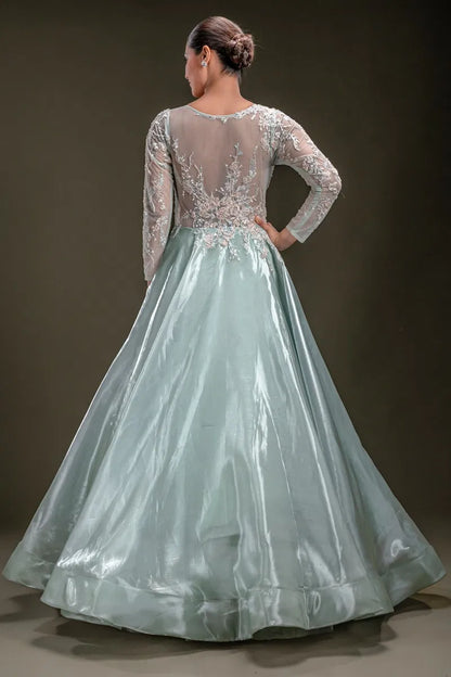 Mint Green Sequins Embroidered Tissue Evening Gown with Round Neck-JE2339