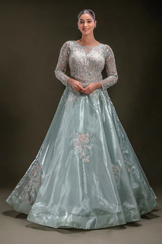 Mint Green Sequins Embroidered Tissue Evening Gown with Round Neck-JE2339