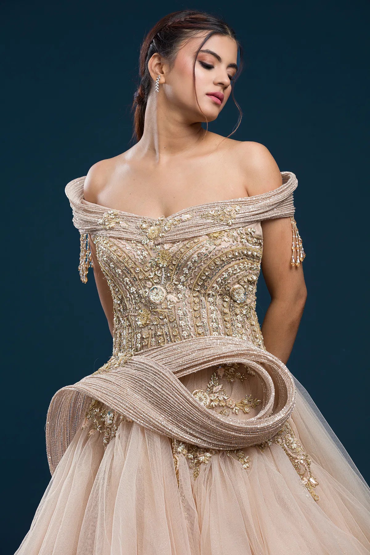 Pale Peach Sequins Embroidered Net Indowestern Gown-NG2998