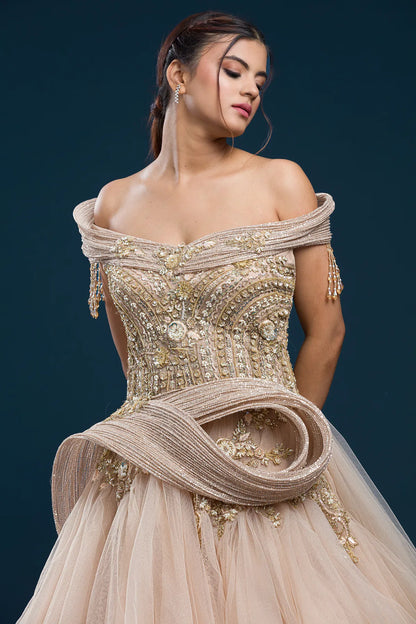 Pale Peach Sequins Embroidered Net Indowestern Gown-NG2998