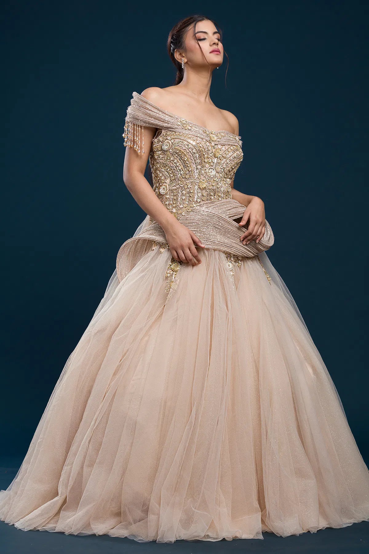 Pale Peach Sequins Embroidered Net Indowestern Gown-NG2998