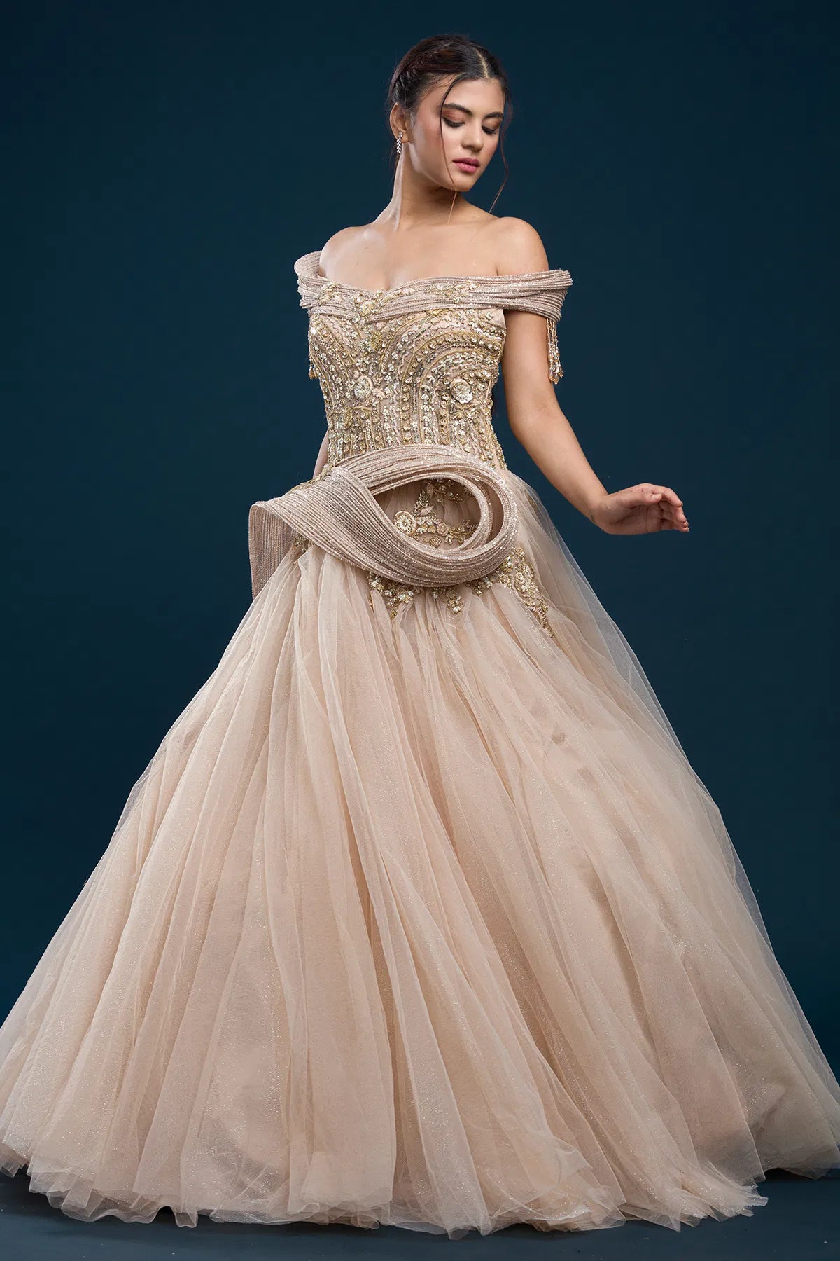 Pale Peach Sequins Embroidered Net Indowestern Gown-NG2998