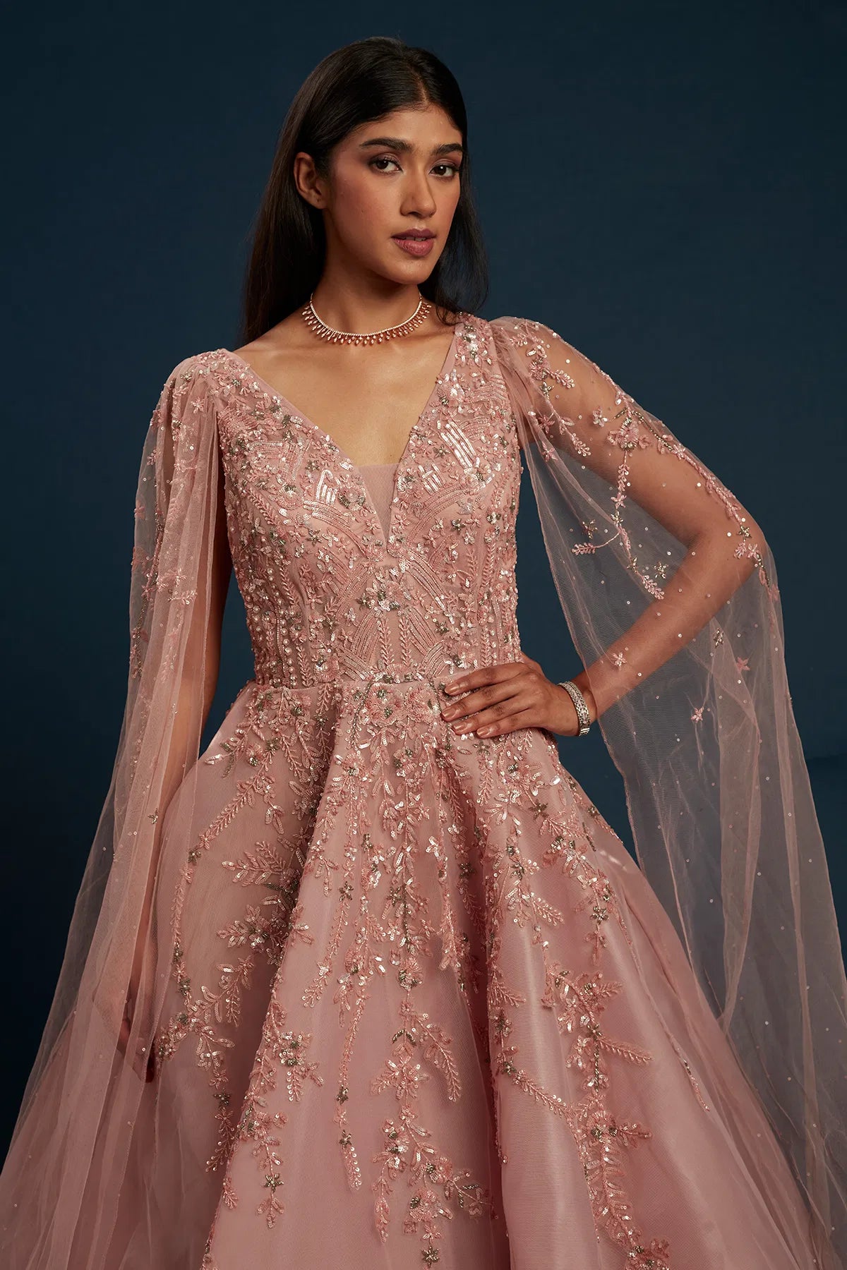 Peach Net Cocktail Gown with Bead Work and Plunged Neck-GG1157