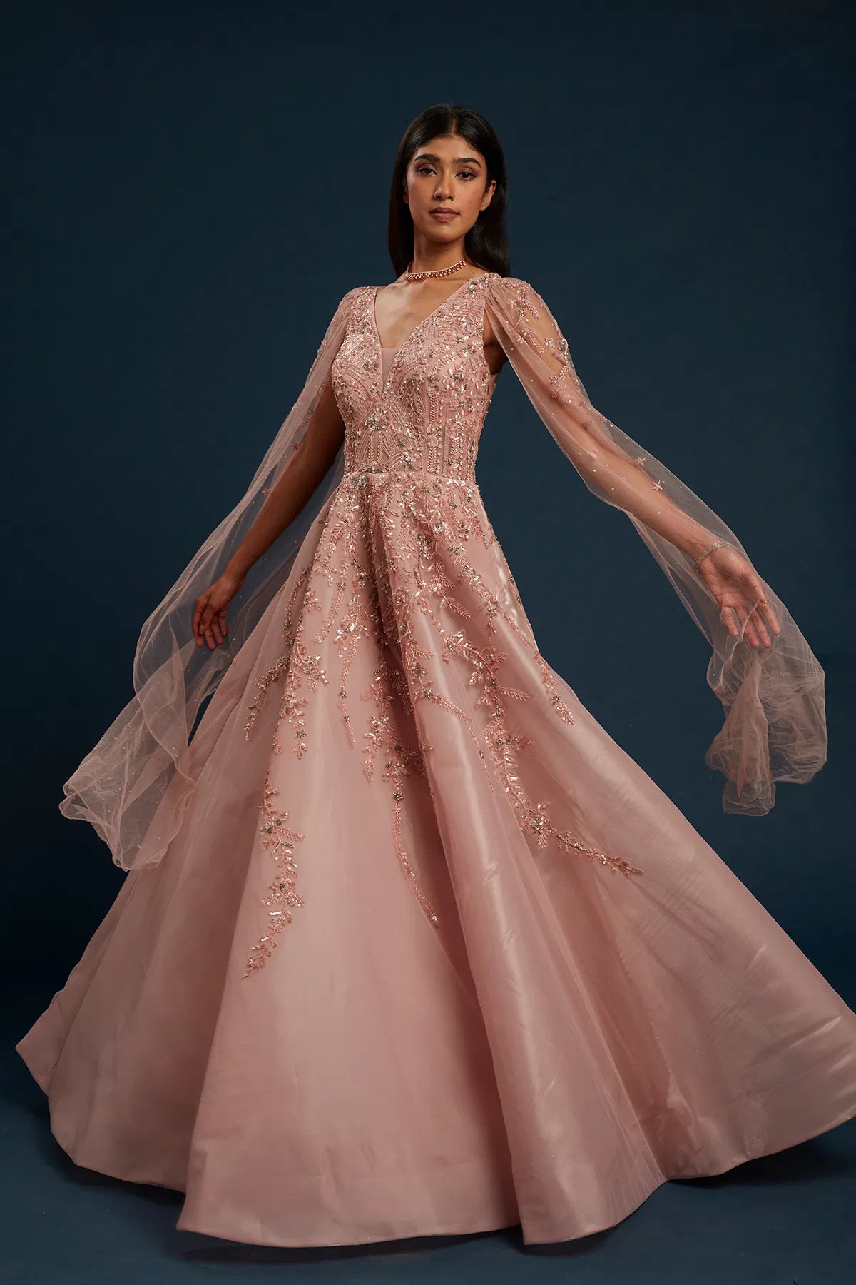 Peach Net Cocktail Gown with Bead Work and Plunged Neck-GG1157