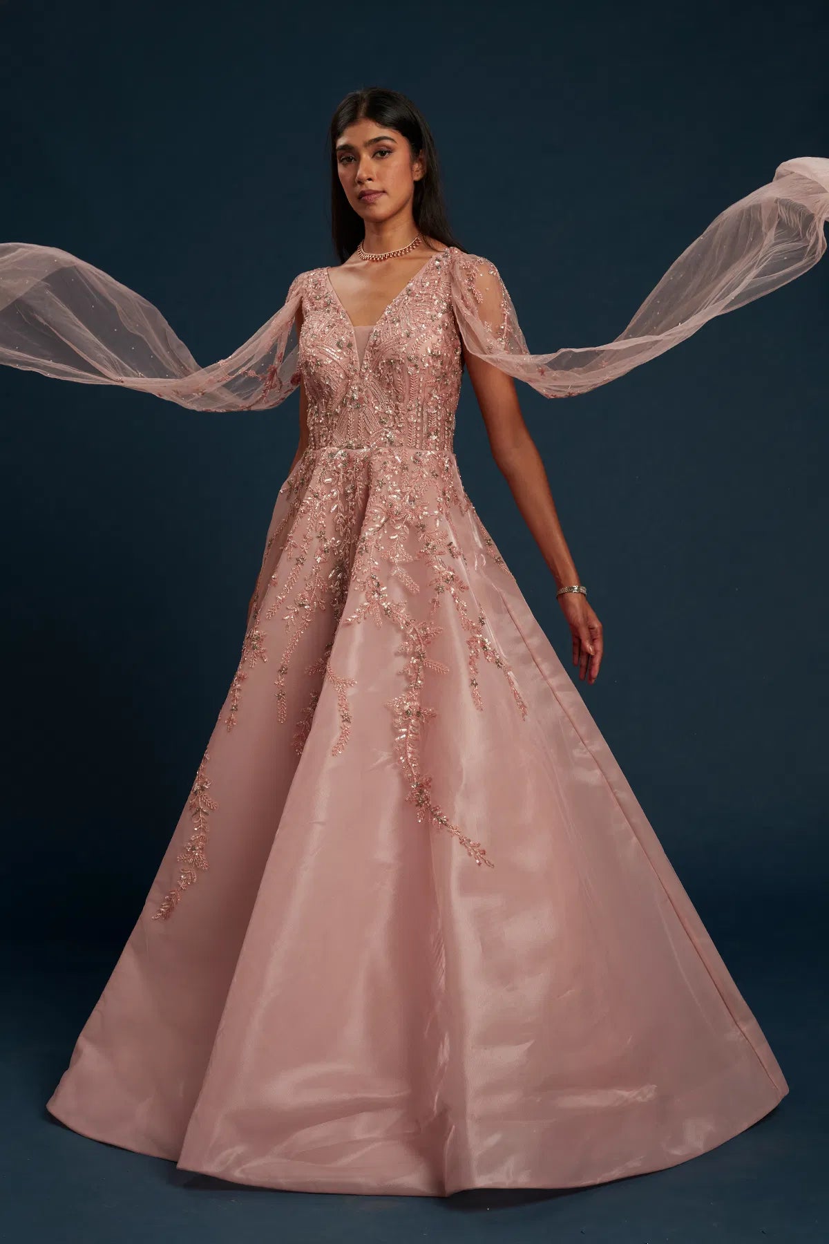 Peach Net Cocktail Gown with Bead Work and Plunged Neck-GG1157