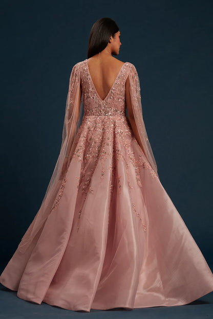 Peach Net Cocktail Gown with Bead Work and Plunged Neck-GG1157