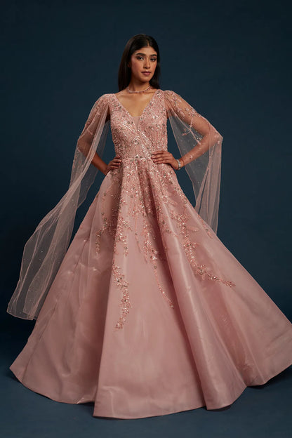 Peach Net Cocktail Gown with Bead Work and Plunged Neck-GG1157