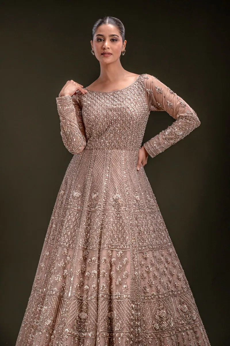 Peach Sequins Embroidered Indowestern Net Gown with Dupatta-JD2248