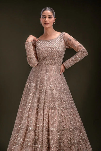 Peach Sequins Embroidered Indowestern Net Gown with Dupatta-JD2248