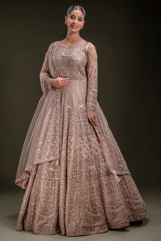 Peach Sequins Embroidered Indowestern Net Gown with Dupatta-JD2248