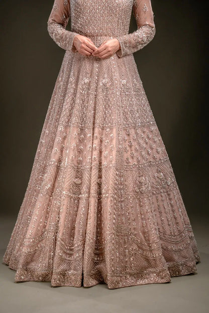 Peach Sequins Embroidered Indowestern Net Gown with Dupatta-JD2248