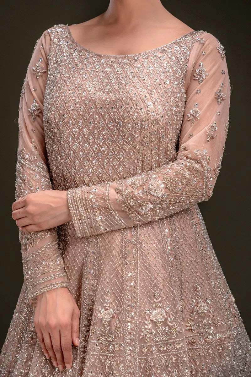 Peach Sequins Embroidered Indowestern Net Gown with Dupatta-JD2248