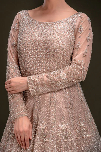 Peach Sequins Embroidered Indowestern Net Gown with Dupatta-JD2248