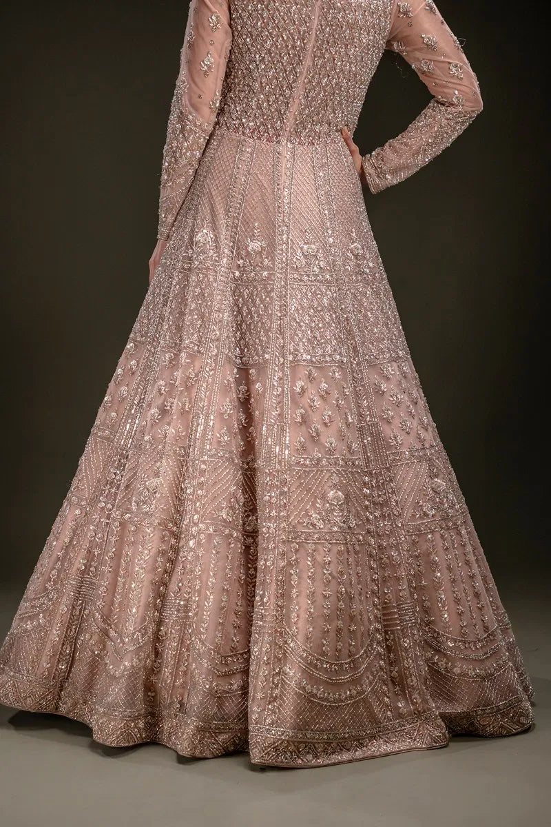 Peach Sequins Embroidered Indowestern Net Gown with Dupatta-JD2248