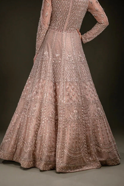 Peach Sequins Embroidered Indowestern Net Gown with Dupatta-JD2248
