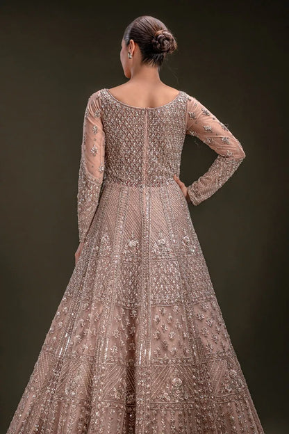Peach Sequins Embroidered Indowestern Net Gown with Dupatta-JD2248