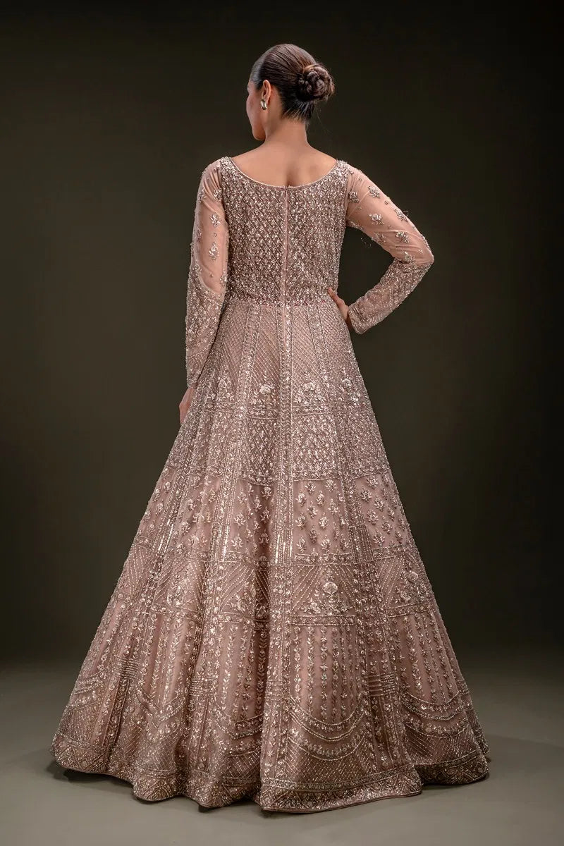 Peach Sequins Embroidered Indowestern Net Gown with Dupatta-JD2248
