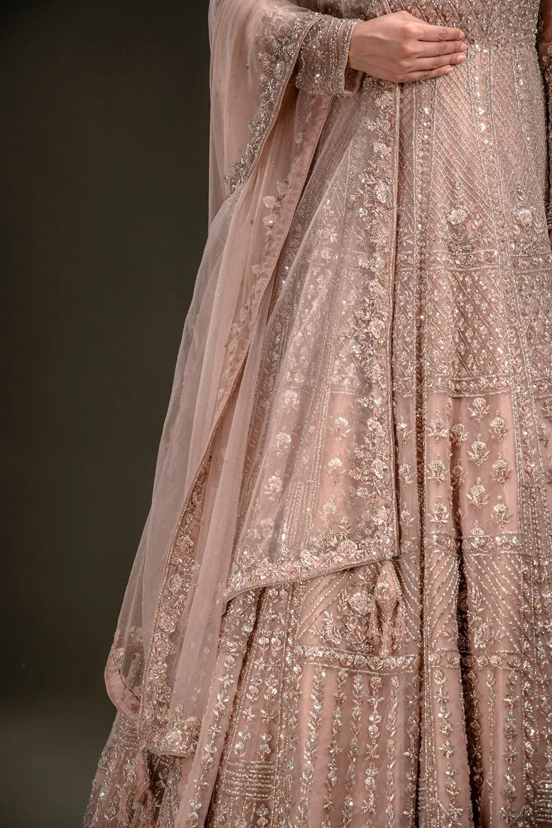 Peach Sequins Embroidered Indowestern Net Gown with Dupatta-JD2248