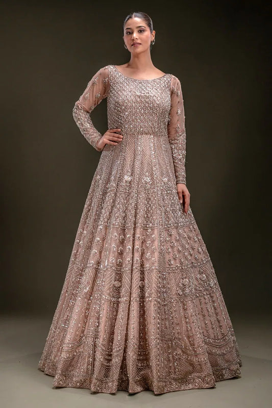 Peach Sequins Embroidered Indowestern Net Gown with Dupatta-JD2248