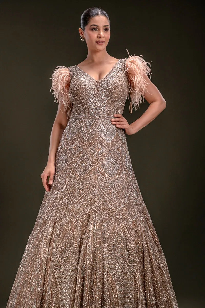 Peach Sequins Embroidered Net Gown with V Neck-JE4314
