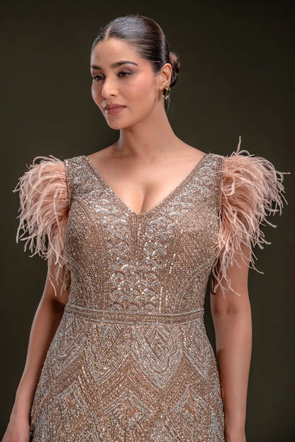 Peach Sequins Embroidered Net Gown with V Neck-JE4314