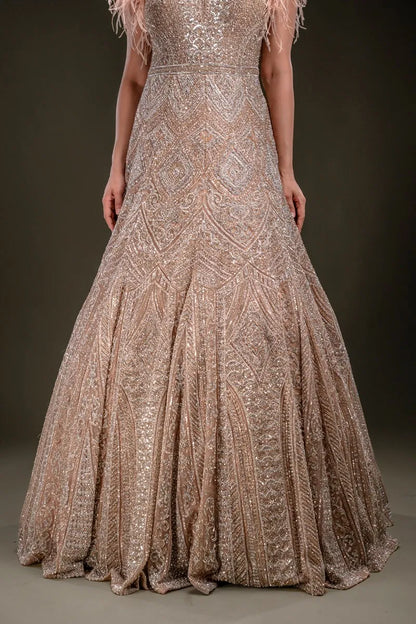 Peach Sequins Embroidered Net Gown with V Neck-JE4314