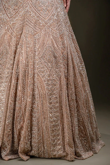 Peach Sequins Embroidered Net Gown with V Neck-JE4314