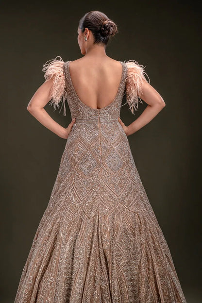 Peach Sequins Embroidered Net Gown with V Neck-JE4314