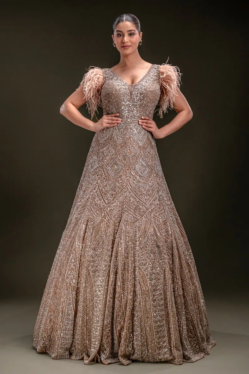 Peach Sequins Embroidered Net Gown with V Neck-JE4314