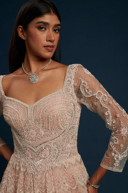 Pearl Pink Indowestern Net Gown with Stone Work-GG1051