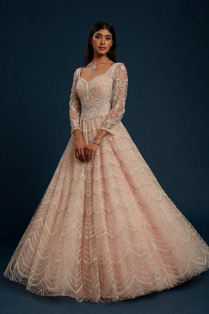 Pearl Pink Indowestern Net Gown with Stone Work-GG1051