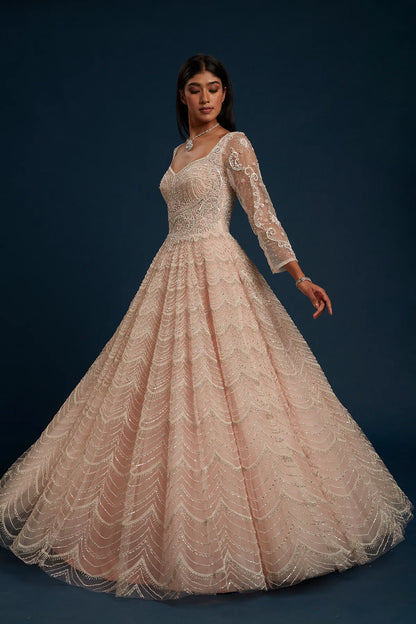 Pearl Pink Indowestern Net Gown with Stone Work-GG1051