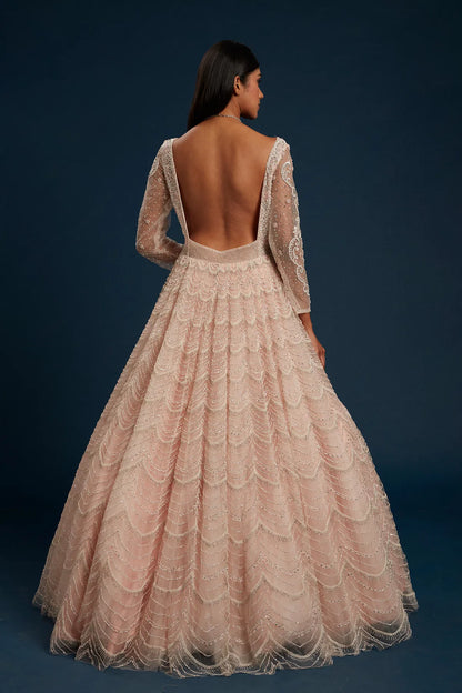 Pearl Pink Indowestern Net Gown with Stone Work-GG1051