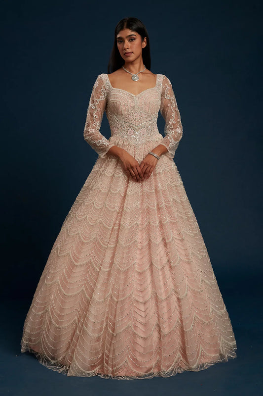 Pearl Pink Indowestern Net Gown with Stone Work-GG1051