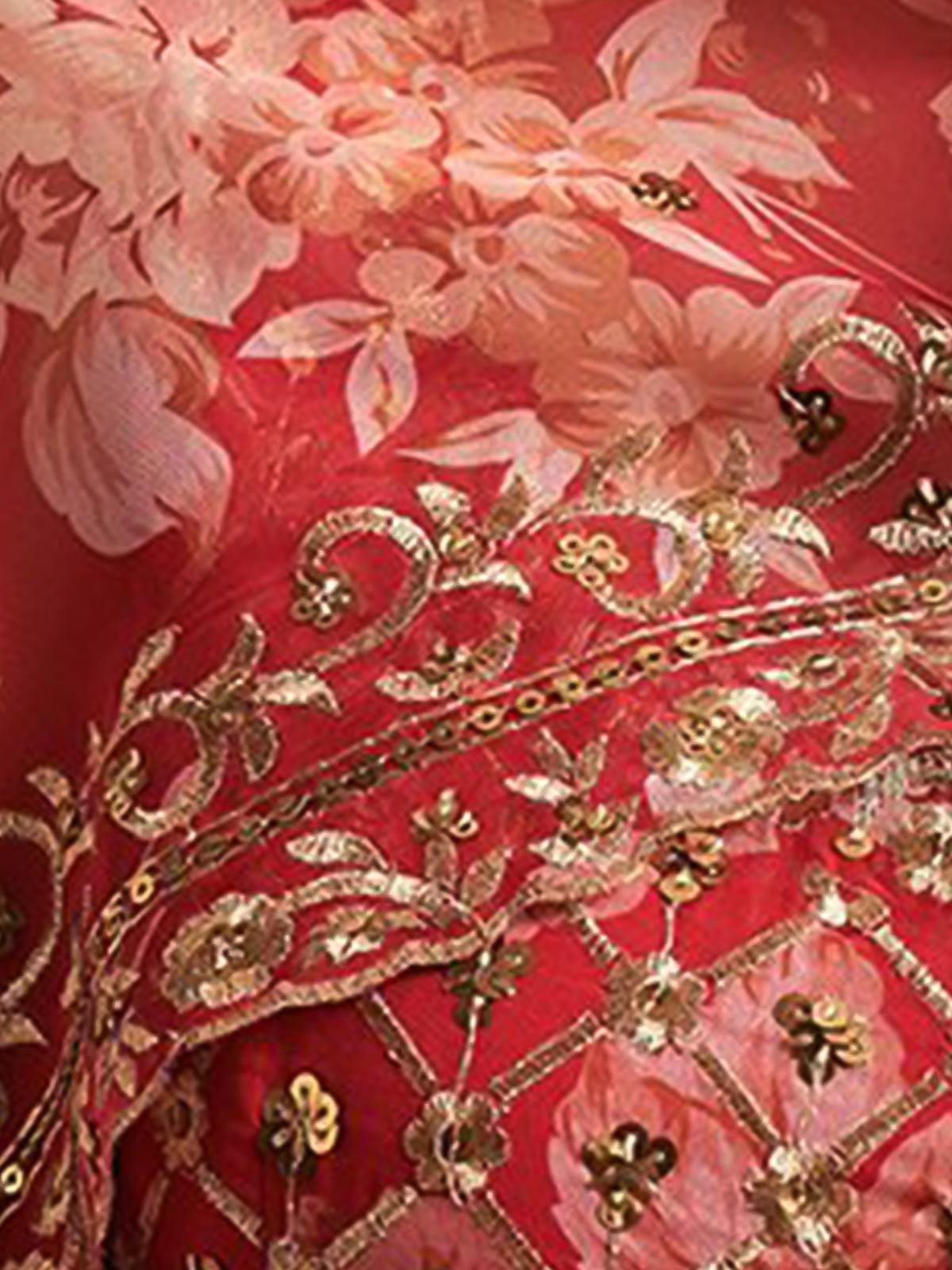 Odette Women Red Poly Georgette Lehenga With Blouse