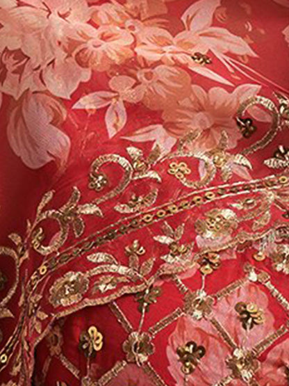 Odette Women Red Poly Georgette Lehenga With Blouse