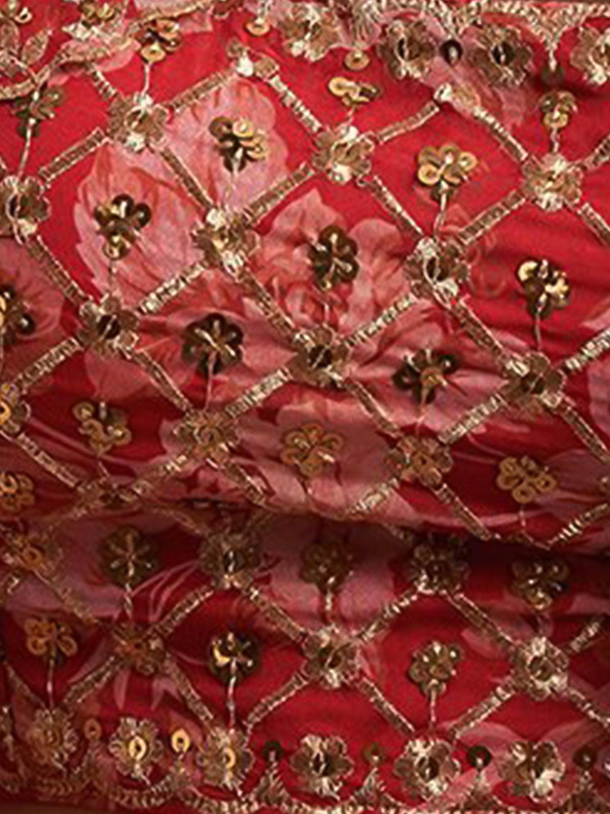 Odette Women Red Poly Georgette Lehenga With Blouse