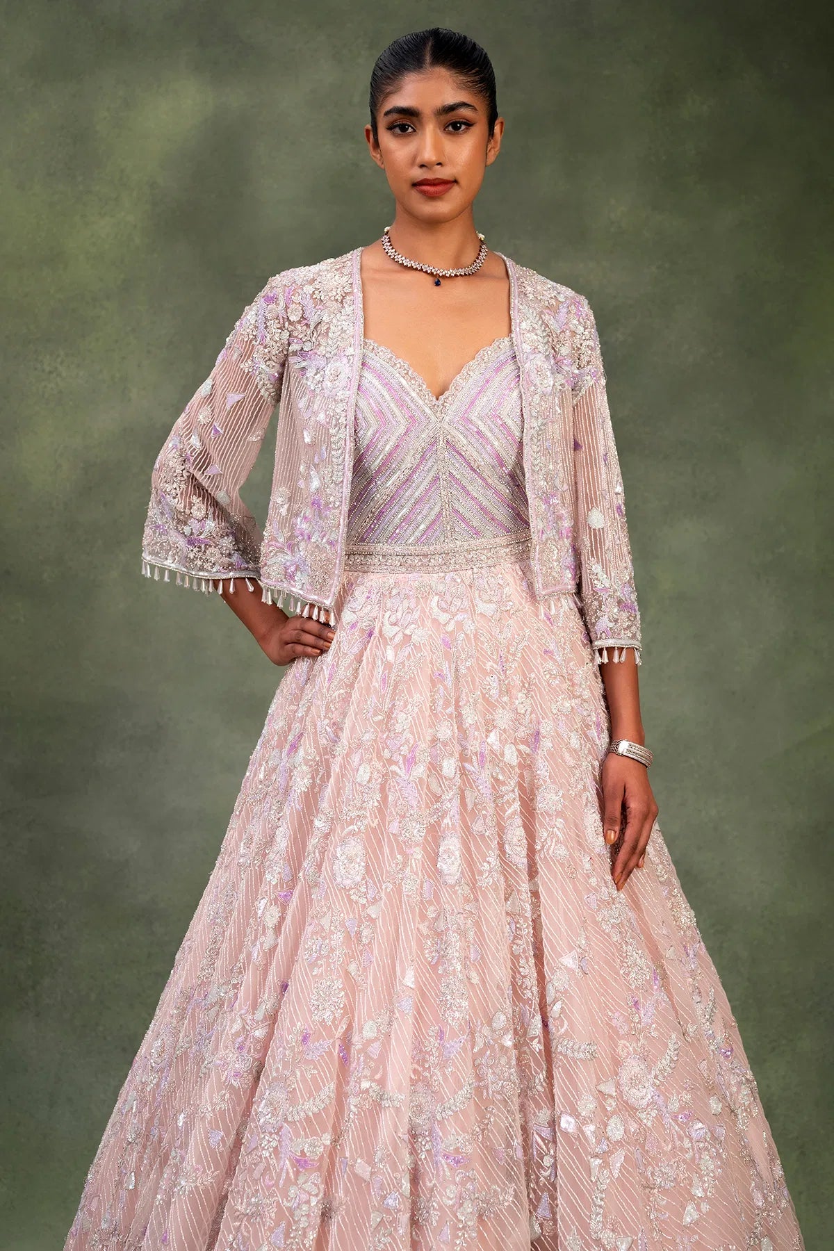 Pink Net Indowestern Gown with Pearl Work and Sweetheart Neck-GF2485