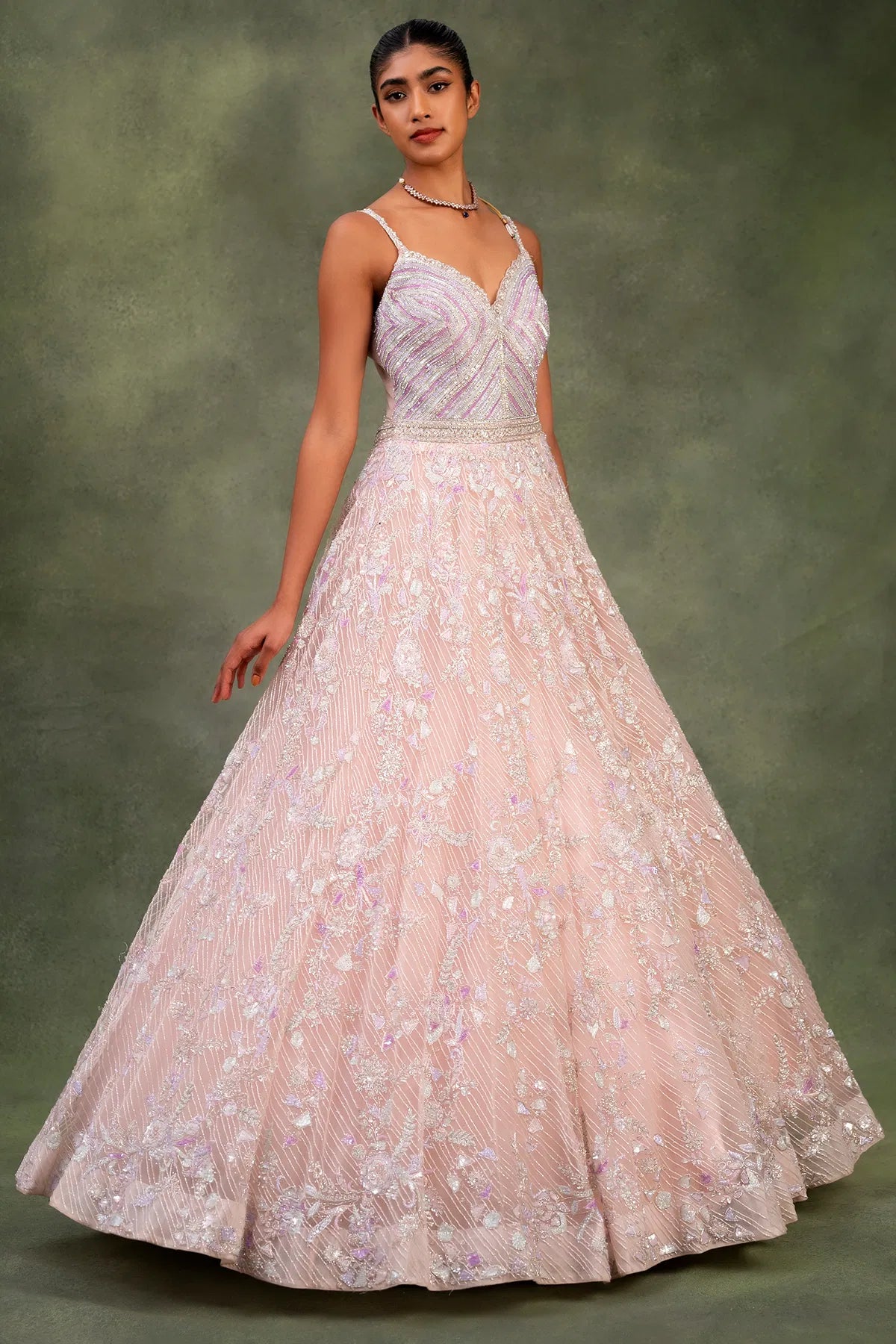 Pink Net Indowestern Gown with Pearl Work and Sweetheart Neck-GF2485