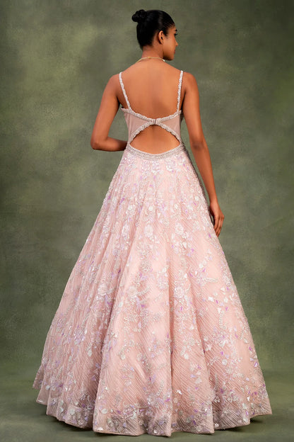 Pink Net Indowestern Gown with Pearl Work and Sweetheart Neck-GF2485