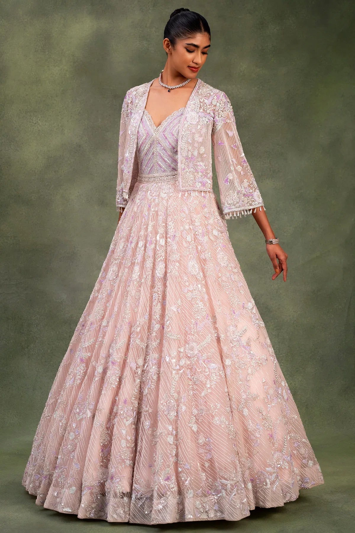 Pink Net Indowestern Gown with Pearl Work and Sweetheart Neck-GF2485
