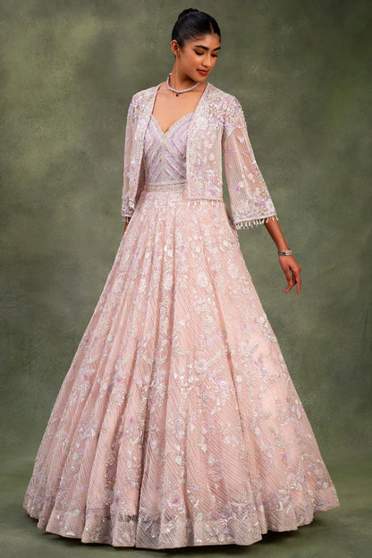 Pink Net Indowestern Gown with Pearl Work and Sweetheart Neck-GF2485