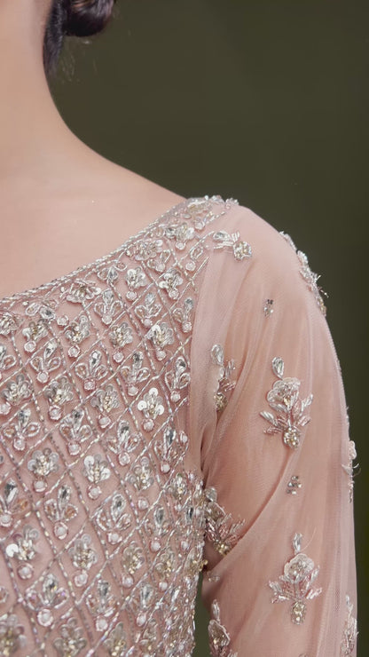 Peach Sequins Embroidered Indowestern Net Gown with Dupatta-JD2248