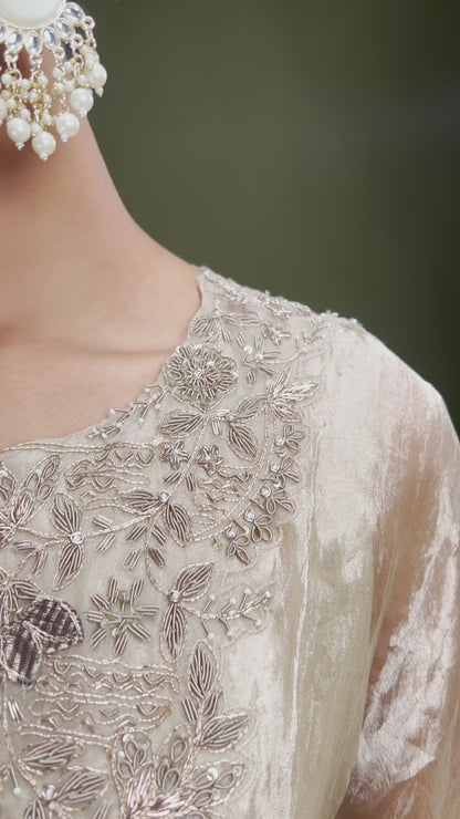 Beige Zardosi Embroidered Kaftan Style Tissue Kurti-JE4461