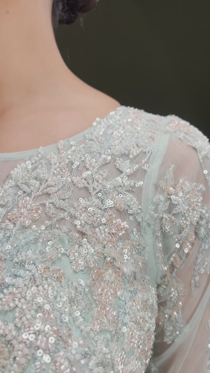 Mint Green Sequins Embroidered Tissue Evening Gown with Round Neck-JE2339