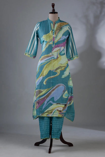 Sea Blue Printed Straight Cut Kurti with Mandarin Collar-JE1031