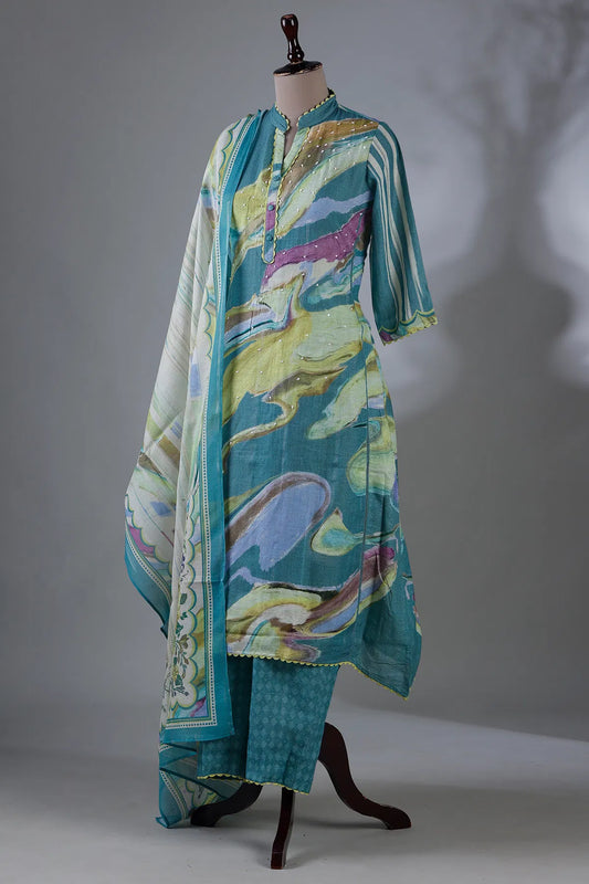 Sea Blue Printed Straight Cut Kurti with Mandarin Collar-JE1031