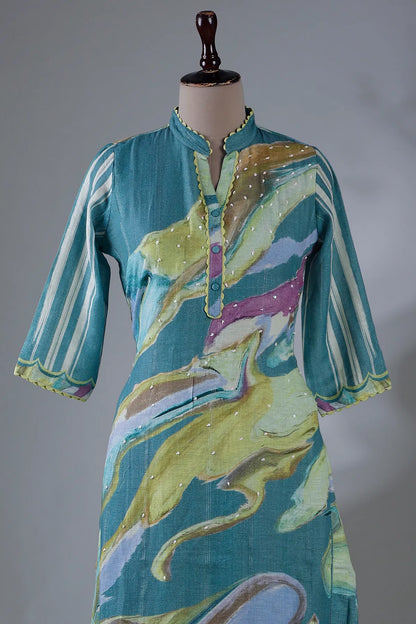 Sea Blue Printed Straight Cut Kurti with Mandarin Collar-JE1031